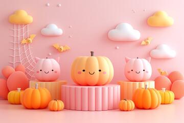 Wall Mural - A group of pumpkins with a happy face are on a pink background
