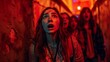 © Margo_Alexa - A group of friends in the corridor of the Haunted House attraction, reacting with horror to the spooky surprises.