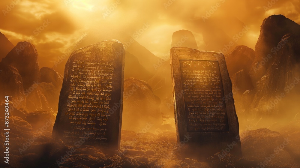 Ancient stone tablets with inscriptions of biblical commandments, in a ...