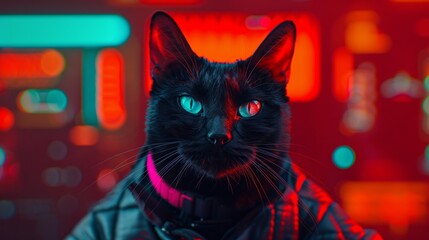 Naklejka na meble Luminous black cat with glowing eyes, futuristic city background, vibrant lights illuminating the scene, sharp and modern design, focus cover all object, deep dept of field