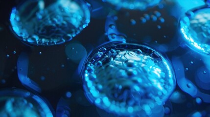 Wall Mural - close-up of blue abstract liquid bubbles on a dark background, showcasing amazing details and vibran
