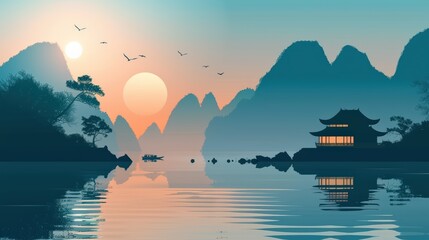  Peaceful Sunset Over Water With Silhouette of a Traditional Asian House and Mountains