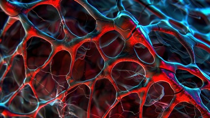 Wall Mural - abstract close-up of interwoven red and blue organic-like textures forming a complex and intricate w