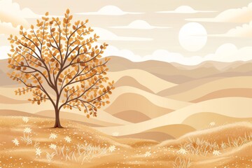 Wall Mural - Serene autumn landscape with a lone tree, warm earth tones, peaceful and tranquil scene, digital illustration, nature-inspired artwork.