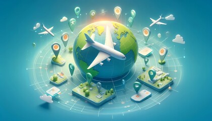 3D web vector illustrations showcasing airplane trips around the world with travel pin locations on a global map.