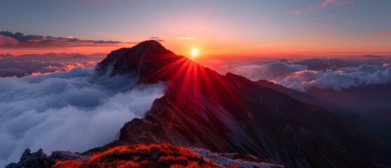 Wall Mural -  The sun sets over a mountain peak, clouded foreground included