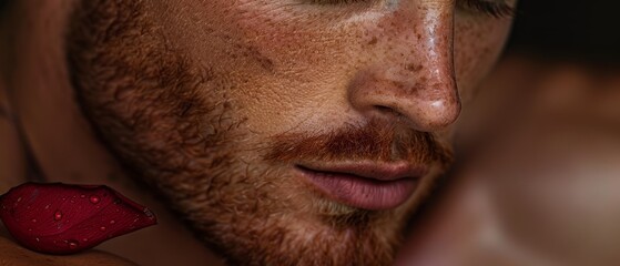 Wall Mural -  A tight shot of a man's freckled face with a red lip prominently featured in the foreground