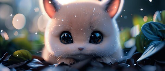 Wall Mural -  A tight shot of a small white feline with blue eyes, its face dotted with water droplets A green plant occupies the foreground