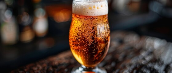 Wall Mural -  A near view of a glass filled with beer on a table, background showcasing a blurred bar scene