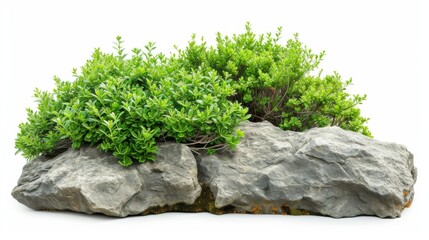 Canvas Print - Green shrubs and a rock isolated on a white background