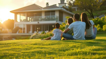 A family sits on the lawn in front of their new home