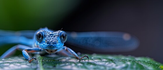 Wall Mural -  A detailed shot of a blue insect perched on a verdant leaf, adorned with water droplets at its posterior end