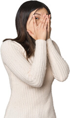 Poster - Young Chinese woman blink through fingers frightened and nervous.