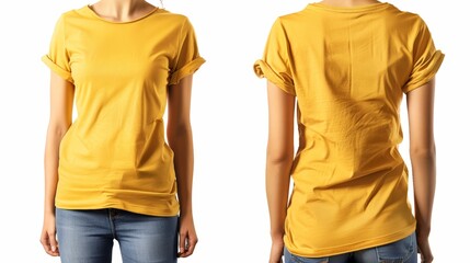 Poster - Front and back view of a woman wearing a plain yellow t-shirt. Isolated on a white background.