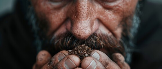 Wall Mural -  A tight shot of a person's hands, each holding a handful of dirt, positioned in front of his face