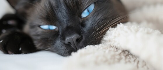 Wall Mural -  A tight shot of a black feline on a white blanket, its blue eyes gazing off-camera, head reclining on a pillow