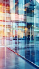 Aufkleber - Modern office building interior with glass walls reflecting colorful lights. Sleek and vibrant design. Ideal for corporate environment and contemporary architecture concepts
