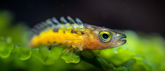 Wall Mural -  A tight shot of a small yellow-and-black fish near a green leafy plant Water beads form in its bulbous eyes