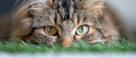 Wall Mural -  A close-up of a cat on a lush green grassfield, its eyes wide open