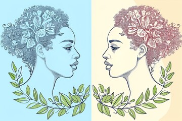 Poster - Elegant dual-profile floral line art, side view, pastel background, botanical, digital illustration.