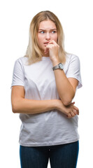 Poster - Young caucasian woman over isolated background looking stressed and nervous with hands on mouth biting nails. Anxiety problem.