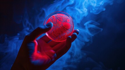 Wall Mural - a hand holding a glowing red orb against a background of blue smoke, creating a mystical and futuris