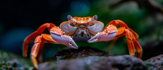 Wall Mural -  A tight shot of a crab perched on a rock, dotted with water beads on its exoskeleton Background softly blurred