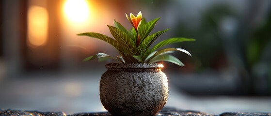 Wall Mural -  A tight shot of a small potted plant on a table, illuminated by light filtering in from behind the window
