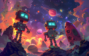 Imaginative space exploration with adorable robots discovering colorful planets and alien landscapes. , full ultra hd, high resolution