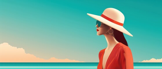 Stylish woman in a wide-brimmed hat and sunglasses enjoying a serene beach scene with clear blue skies and calming waves.