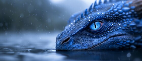 Wall Mural -  A tight shot of a blue dragon submerged in water, rain cascading down its head