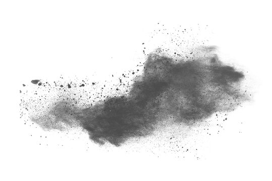 particles of charcoal on white background,abstract powder splatted on white background,Freeze motion of black powder exploding or throwing black powder.