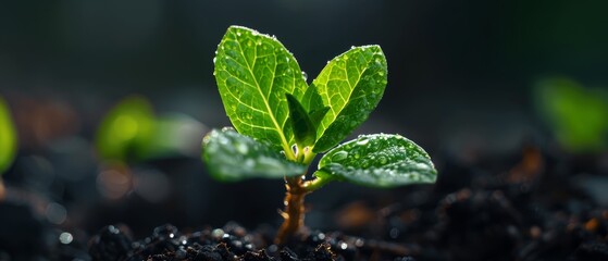 Wall Mural -  A small green plant emerges from the earth, its leaves dotted with water droplets, beneath lies the dirty ground