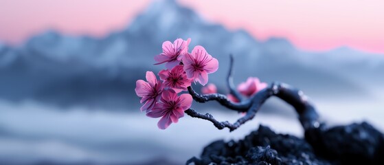 Canvas Print -  A pink flower on a tree branch against a backdrop of a pink-hued mountain and a sky filled with rosy clouds