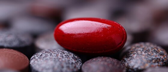 Canvas Print -  A red round object, closely framed, sits atop a mound of mixed black and white rocks and pebbles Water droplets glisten on its surface