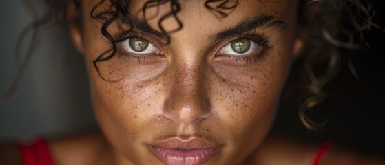 Wall Mural -  A close-up of a woman's face with freckled skin and freckled eyes