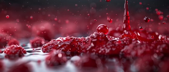 Poster -  A red liquid with water drops, below and at its surface, against a black backdrop