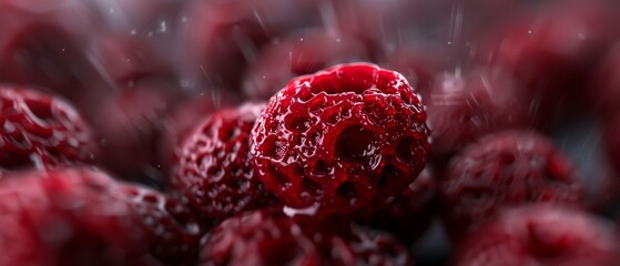 Wall Mural -  A tight shot of raspberries with dewdrops trickling from their peaks