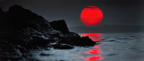 Wall Mural -  A red light mirrors on water's surface