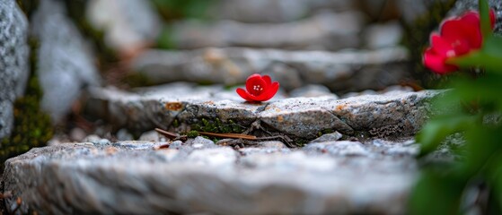 Wall Mural -  A red flower atop a rock beside a green-leafed tree trunk on a sunny day