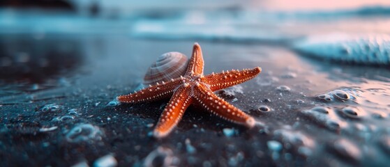  A tight shot of a starfish on a damp surface, surrounded by drops of water and an indistinct background