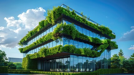 Wall Mural - A building with a green roof and a lot of plants growing on it. The building is tall and has a modern design. The plants are arranged in a way that they cover the entire building, giving it a unique