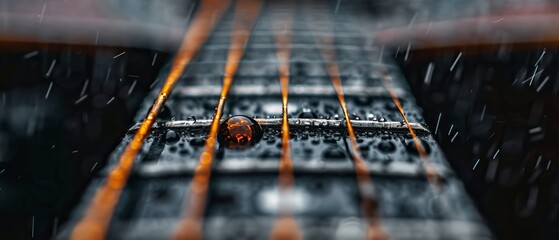 Wall Mural -  A tight shot of guitar frets, adorned with droplets of water atop