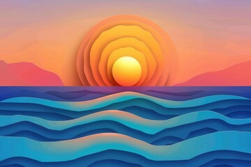 Canvas Print - minimalist vector illustration of sunset over ocean with smooth 3d cut paper style