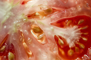 Wall Mural - Close Up of Fresh Juicy Tomato Slice Showing Seeds and Flesh