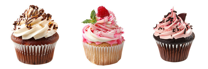 Wall Mural -  Set of An overhead shot of a rustic kitchen counter adorned with freshly baked cupcakes cooling on wire racks isolated on a transparent background