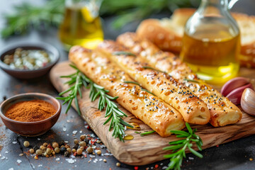 Wall Mural - Freshly Baked Breadsticks with Sesame, Rosemary, and Olive Oil on a Wooden Board