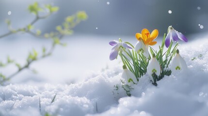 Wall Mural - Delicate snowdrops and crocuses peeking through a blanket of fresh snow, signaling the arrival of spring