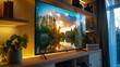 © ECLIVN - Contemporary living room with LED television on shelf showcasing tranquil nature video
