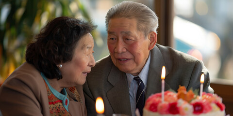 Elderly Couple Celebrating with Birthday Cake and Candles at a Cozy Restaurant